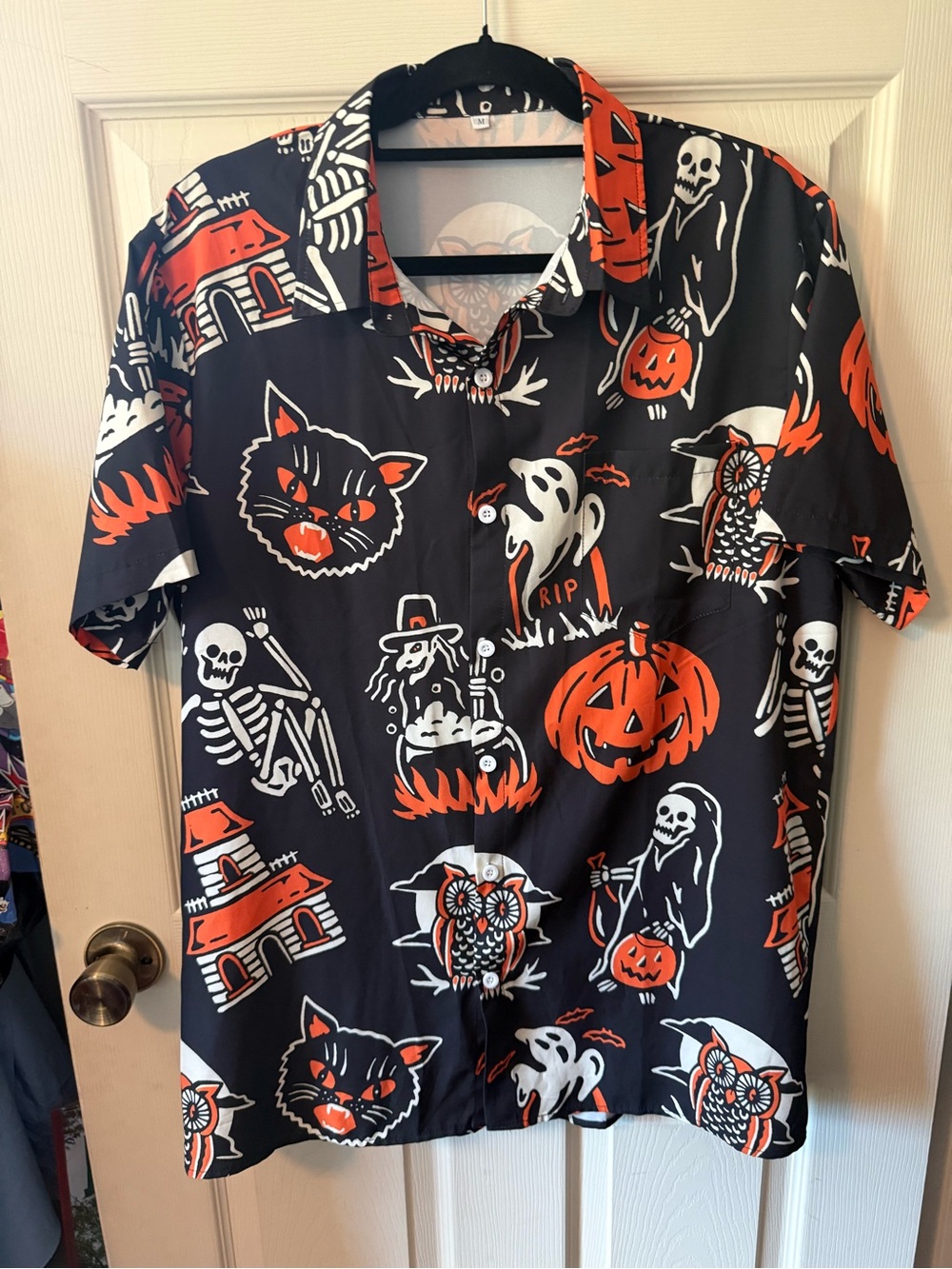 Halloween Print Button-Up Shirt Black & Orange Men’s Medium